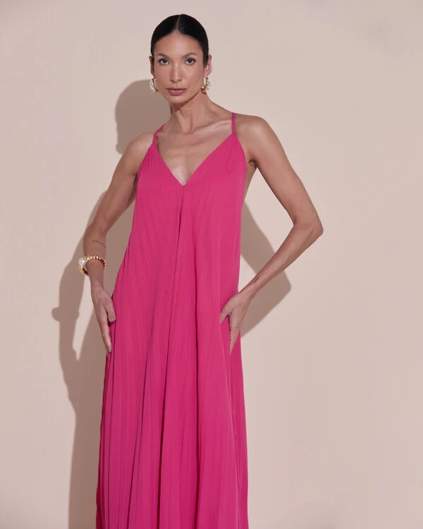 Vestido de Festa Longo Plissado Crepe Chiffon Decote V Alças Finas Pink Escuro