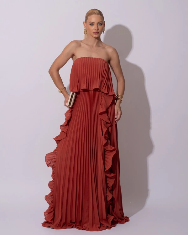 Vestido de Festa Longo Crepe Chiffon Tomara que Caia Plissado com Babado Cascata Terracota