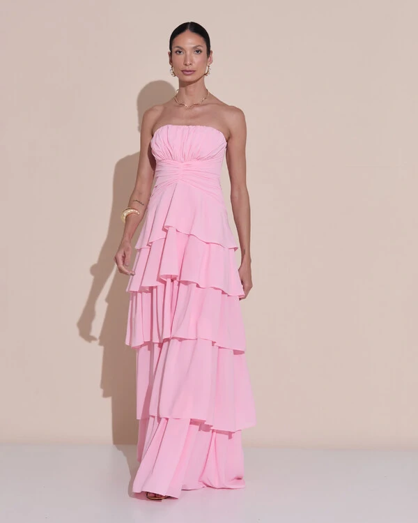 Vestido de Festa Longo Tomara que Caia Drapeado Crepe Chiffon Babados Camadas Rosa Claro