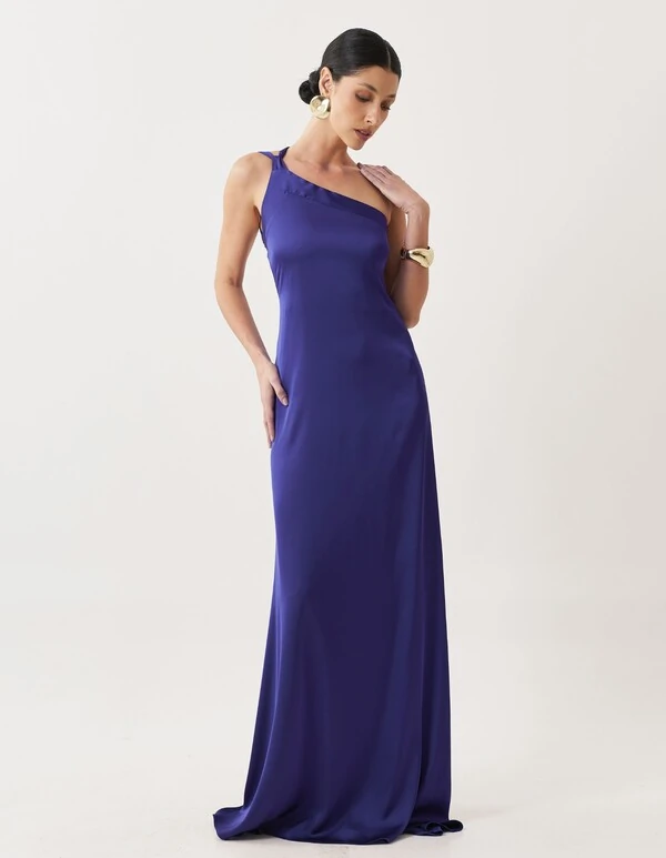 Vestido de Festa Longo Cetim Fluido Um Ombro Só Amarração Costas Azul Marinho