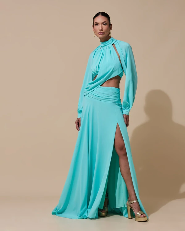 Vestido de Festa Longo Gola Alta Crepe Chiffon Recortes Drapeado Manga Longa Fenda Tiffany