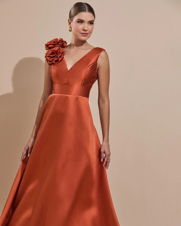 Vestido de Festa longo Zibeline Decote em V com Flores Removivel Terracota