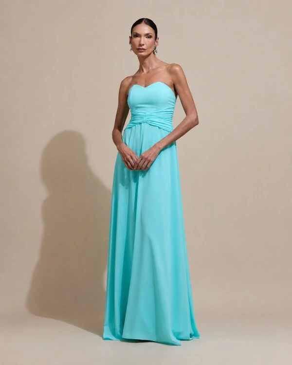 Vestido de Festa Longo Tomara Que Caia Crepe Chiffon Drapeado Capa Tiffany