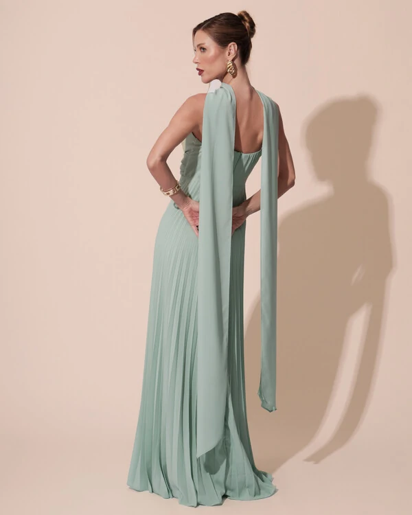 Vestido de Festa Longo Plissado Crepe Chiffon com Alça e Lenço Menta