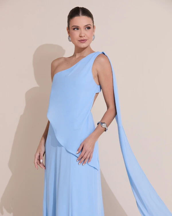 Vestido de Festa Longo Um Ombro Só Crepe Chiffon Lenço Serenity