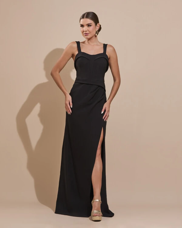 Vestido de Festa Longo Alfaiataria Decote Coração com Alças e Fenda Preto
