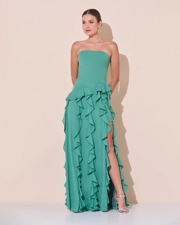 Vestido de festa Longo Tomara que Caia Crepe Chiffon com Babados Cascata e Fenda Verde Matcha Escuro