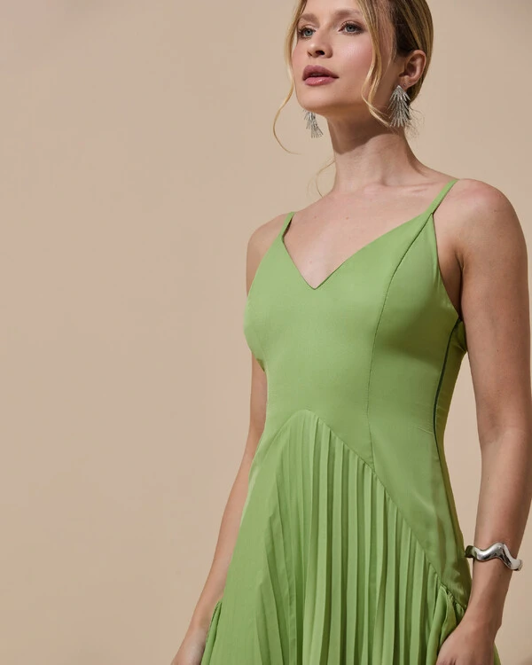 Vestido de Festa Longo Crepe Chiffon Alça Fina Saia Plissada com Babado Cascata Verde Garden