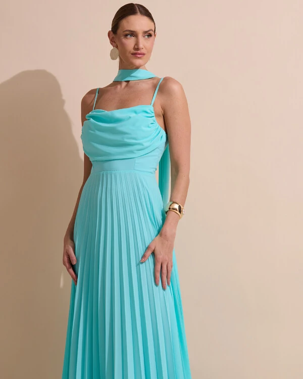 Vestido de Festa Longo Crepe Chiffon Plissado Trançado e Lenço Tiffany
