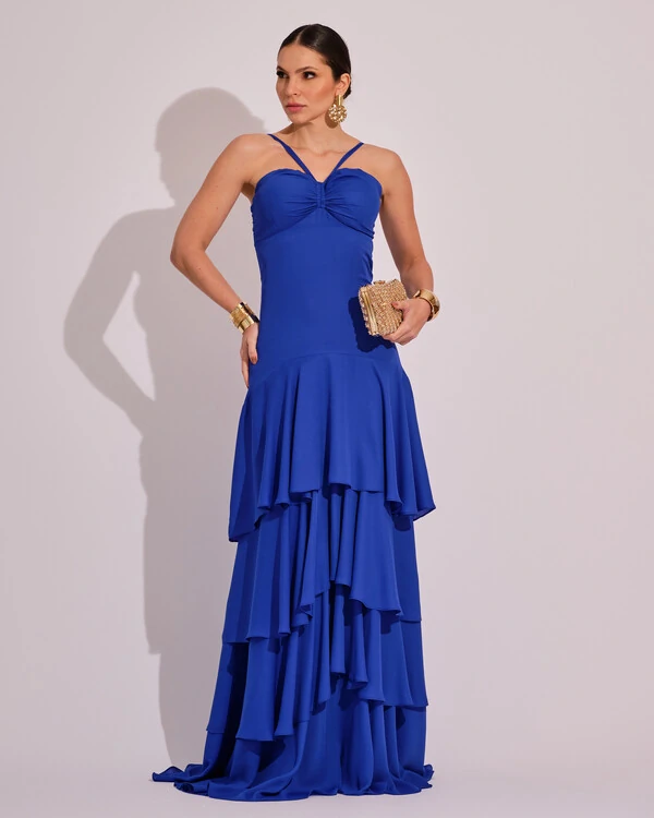 Vestido Longo Frente Única em Crepe com Babados e Camadas Azul Royal
