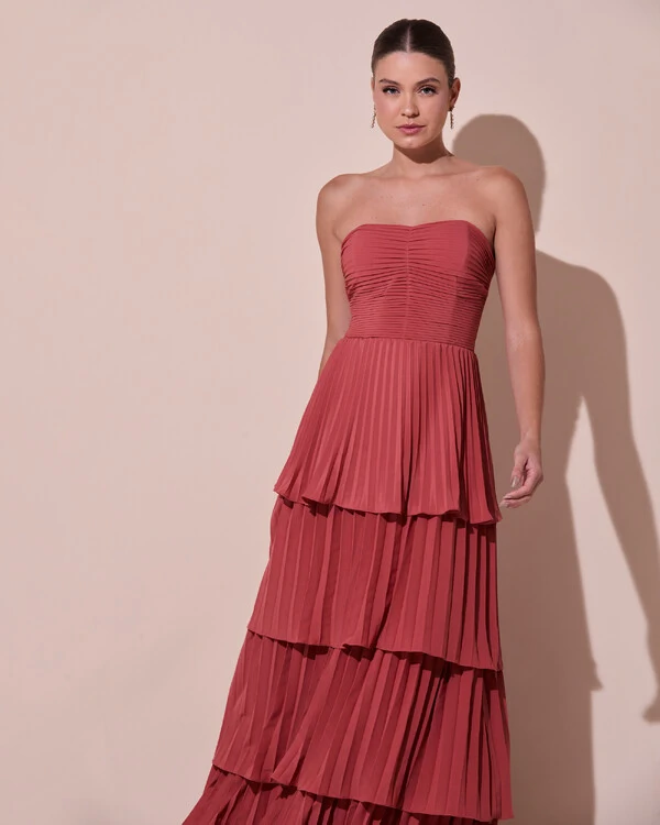 Vestido de Festa Longo Tomara que Caia Crepe Chiffon Plissado Camadas Terracota