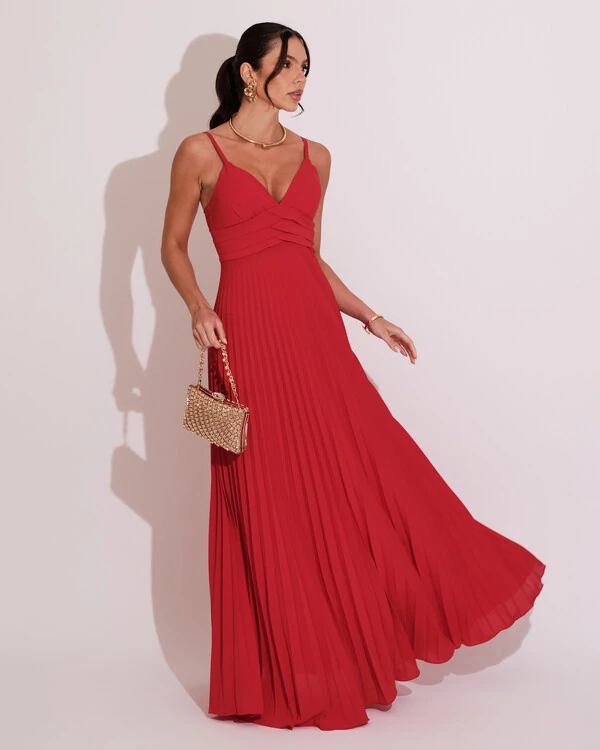 Vestido de Festa Longo Plissado Crepe Chiffon com Alça Vermelho