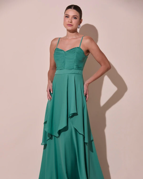 Vestido de Festa Longo Decote Coração Plissado Crepe Chiffon Babados Cascata Verde Matcha Escuro