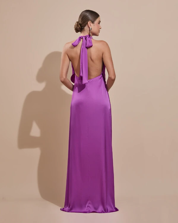 Vestido de Festa Longo Cetim Fluido Frente Única Degagê Mil Formas Fúcsia
