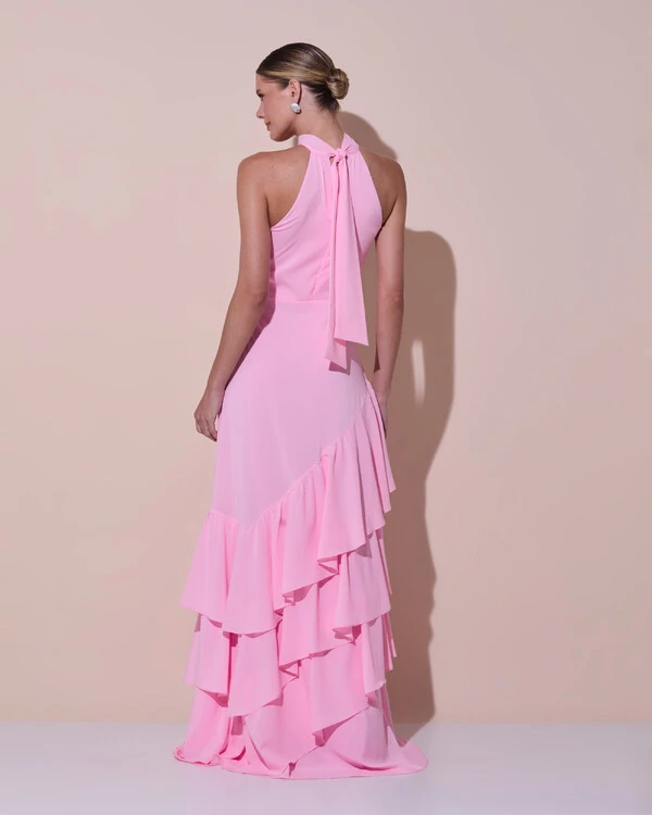 Vestido de Festa Longo Chiffon Crepe Gola Alta Babados Rosa Claro