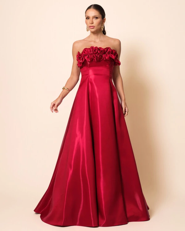 Vestido de Festa Longo Cetim Cristal Tomara que Caia com Flor 3D Vermelho