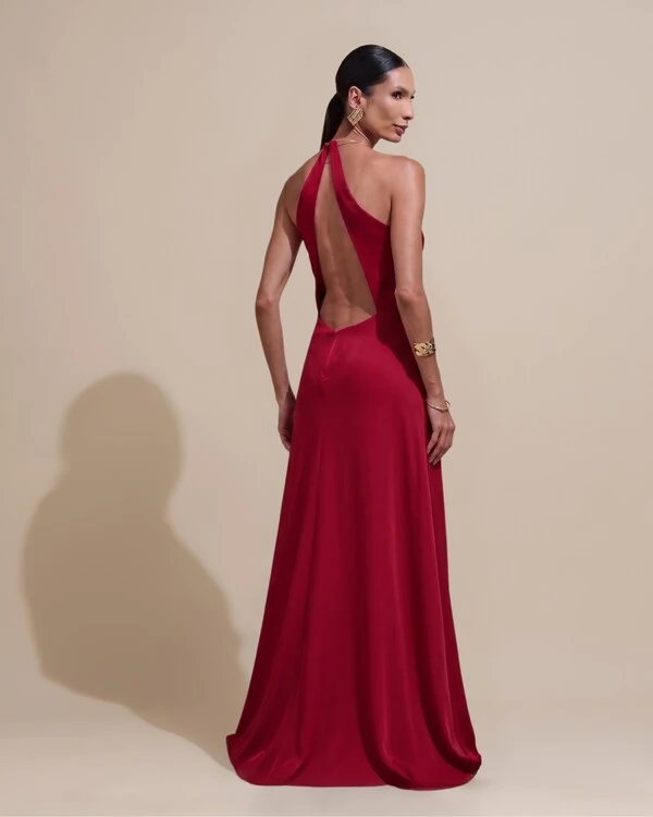 Vestido de Festa Longo Cetim Fluido com Argola Frente Única Marsala