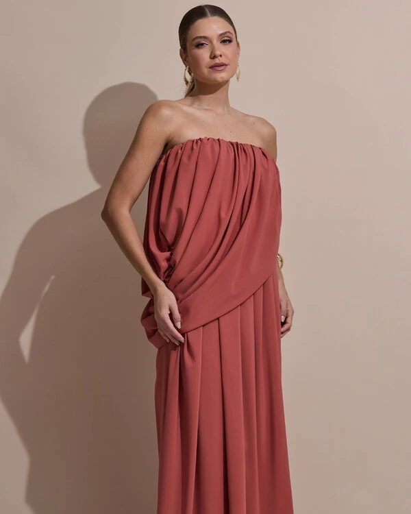 Vestido de Festa Longo Tomara Que Caia Crepe Chiffon Drapeado Terracota