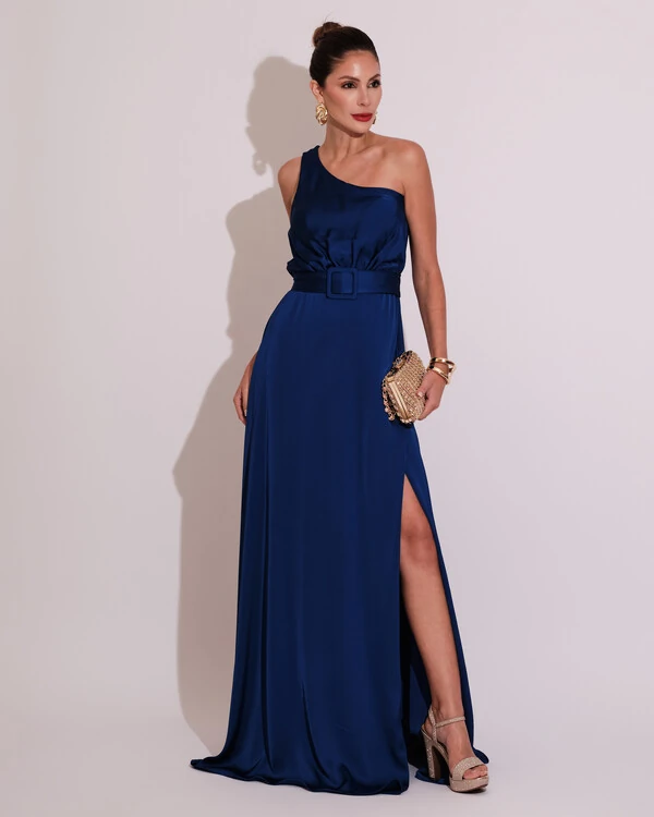 Vestido Longo um Ombro com Busto Blousê e Fenda Azul Royal