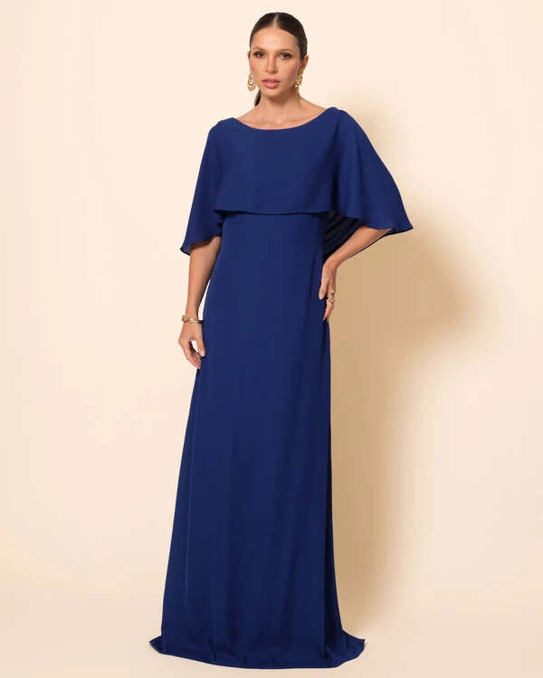 Vestido de Festa Longo Crepe Chiffon com Capa e Degagê nas Costas Azul Marinho