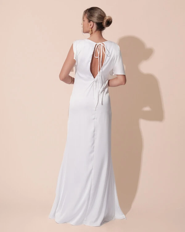 Vestido de Festa Longo Cetim Detalhe Drapeado Branco