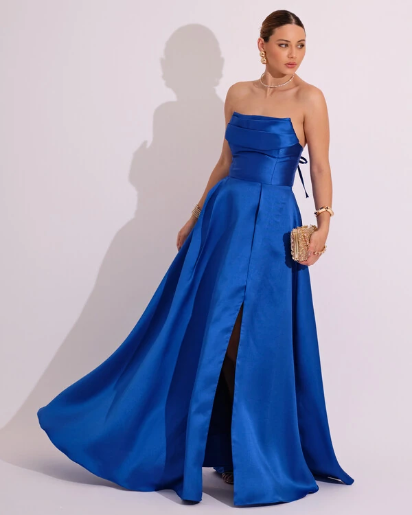 Vestido de Festa Longo Tomara que Caia Trançado Costa em Zibeline Azul Royal