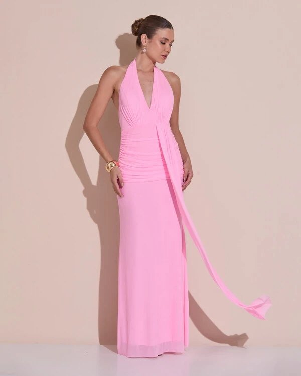 Vestido de Festa Longo Frente Única Decote V Tule Drapeado Faixa Rosa Claro
