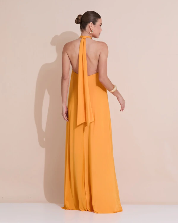 Vestido Longo com Amarração em Malha Laranja Manga