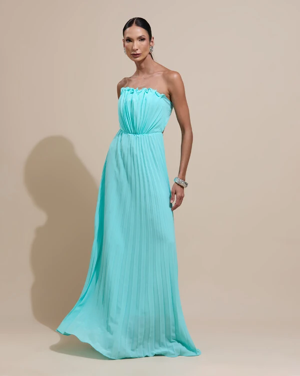 Vestido de Festa Longo Tomara que Caia Plissado Detalhe Tiffany