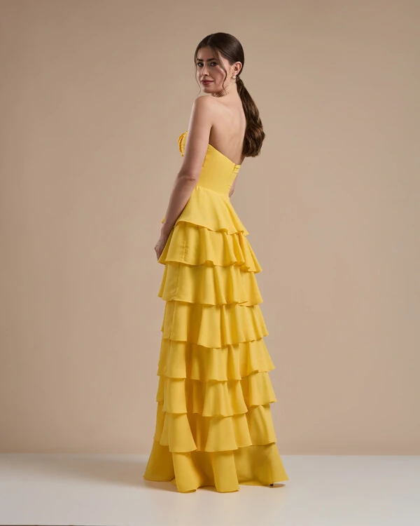 Vestido Longo Crepe Chiffon Tomara que Caia Plissado em Camadas Amarelo