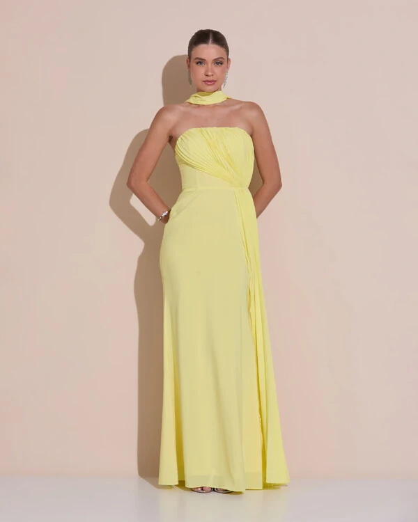 Vestido de Festa Longo Tomara Que Caia Crepe Chiffon Plissado Lenço Amarelo Manteiga