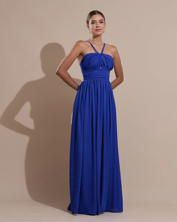Vestido de Festa Longo Crepe Chiffon Drapeado com Alças Finas Azul Royal