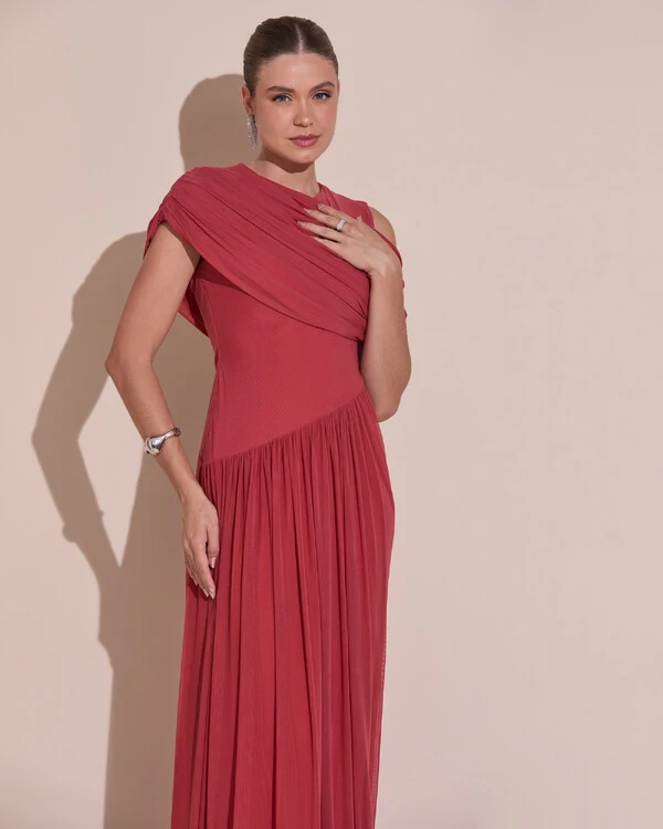 Vestido de Festa Longo Capa Drapeado Tule Saia Fluida Terracota