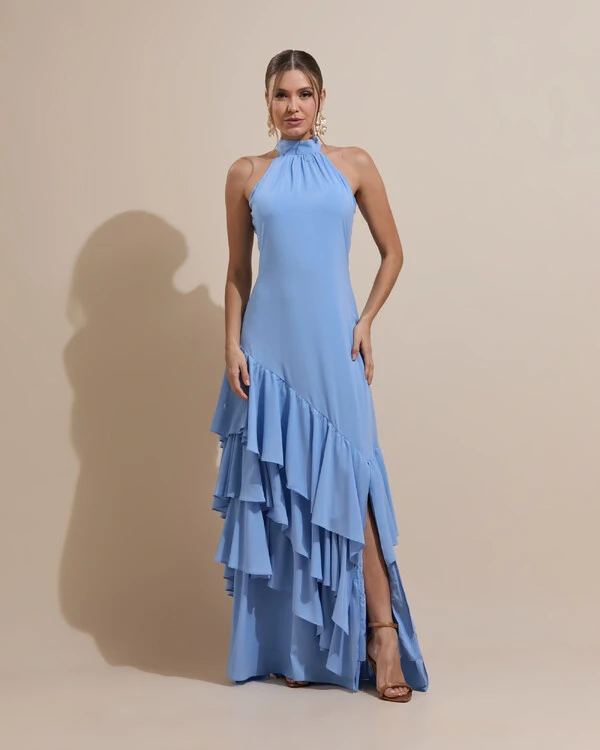 Vestido de Festa Longo Chiffon Crepe Gola Alta Babados Serenity