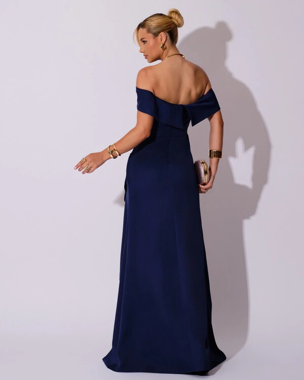 Vestido de Festa Longo Ombro a Ombro com Fenda em Alfaiataria Azul Marinho