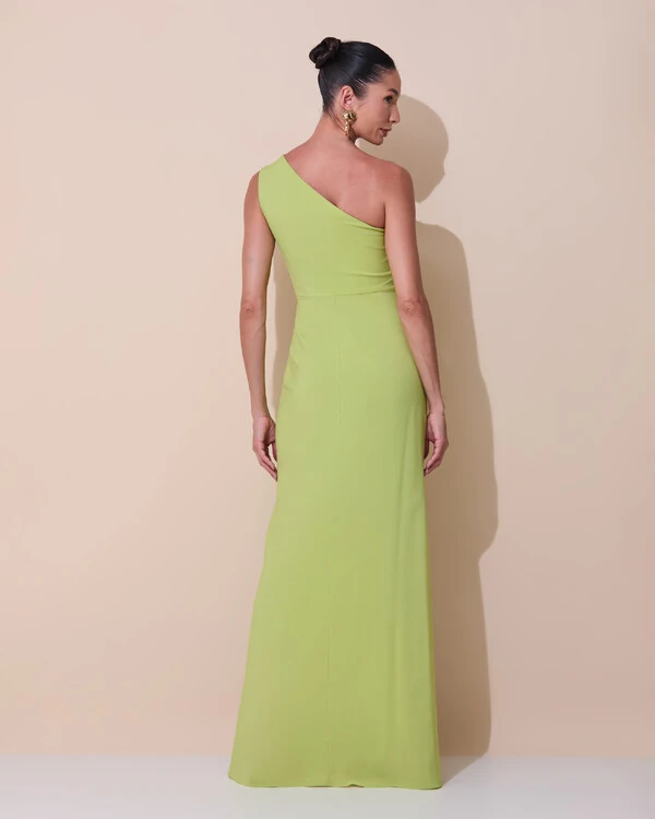 Vestido de Festa Midi Um Ombro Só Crepe Chiffon Babados Cascata Fenda Verde Garden