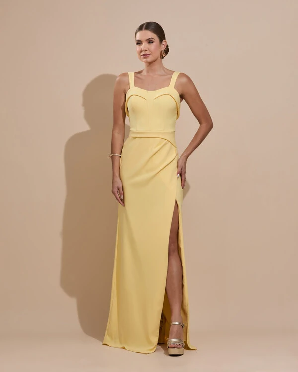 Vestido de Festa Longo Alfaiataria Decote Coração com Alças e Fenda Amarelo Manteiga