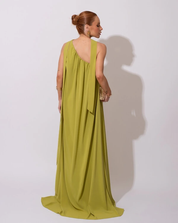 Vestido de Festa Longo Crepe Fluido um Ombro Só com Lenço Verde Pistache