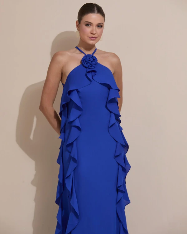Vestido de Festa Longo Crepe Chiffon Frente Única Babados Cascata e Flor Azul Royal