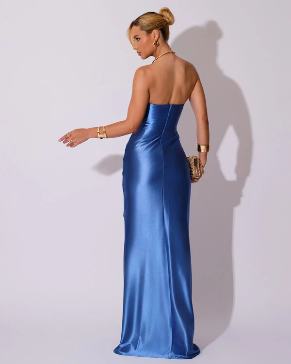 Vestido de Festa longo Cetim Malha Metálico Tomara que Caia Detalhe Drapeado Azul