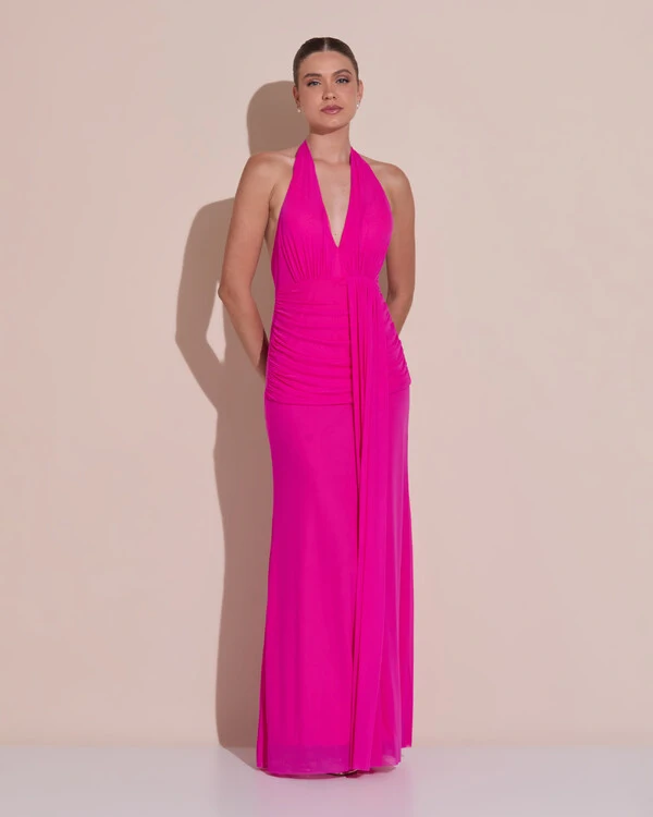 Vestido de Festa Longo Frente Única Decote V Tule Drapeado Faixa Pink New