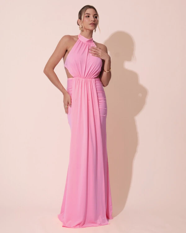 Vestido de Festa Longo Malha Jersey Gola Alta Saia Sereia Rosa New