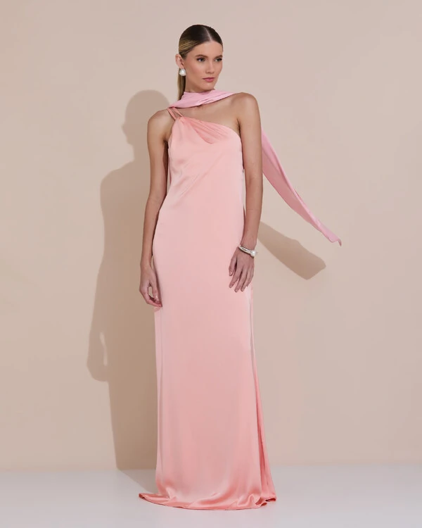 Vestido de Festa Longo em Cetim Fluido um Ombro Só com Lenço Rose