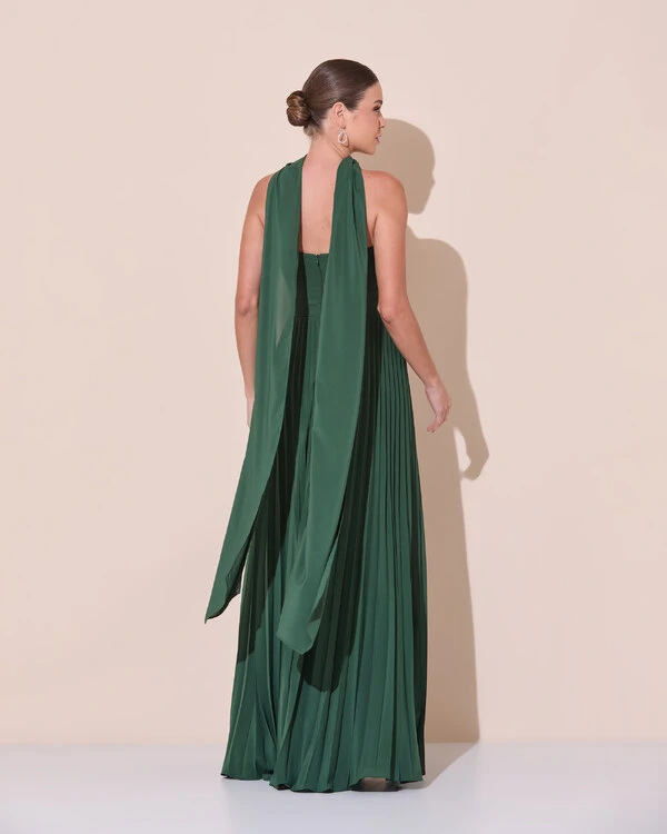 Vestido de Festa Longo Tomara que Caia Plissado com Lenço Verde Escuro New