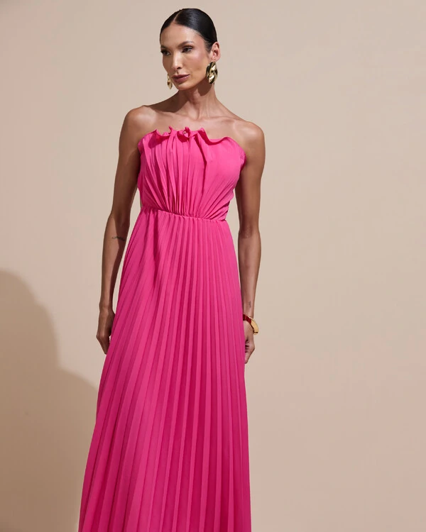 Vestido de Festa Longo Tomara que Caia Plissado Detalhe Pink New