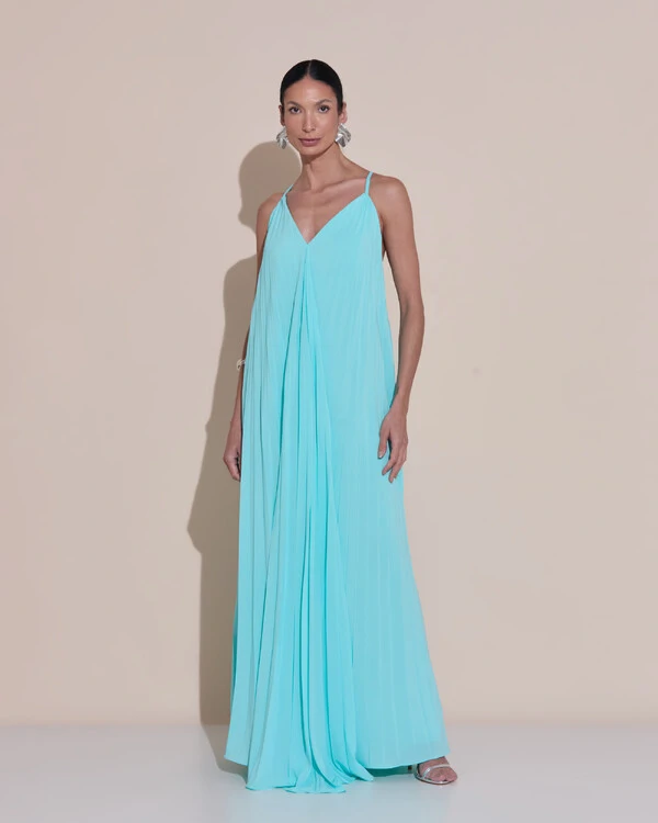 Vestido de Festa Longo Plissado Crepe Chiffon Decote V Alças Finas Tiffany