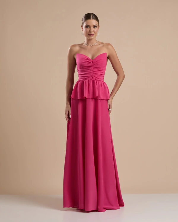 Vestido de Festa Longo Crepe Chiffon Tomara que Caia Peplum Drapeado Pink New