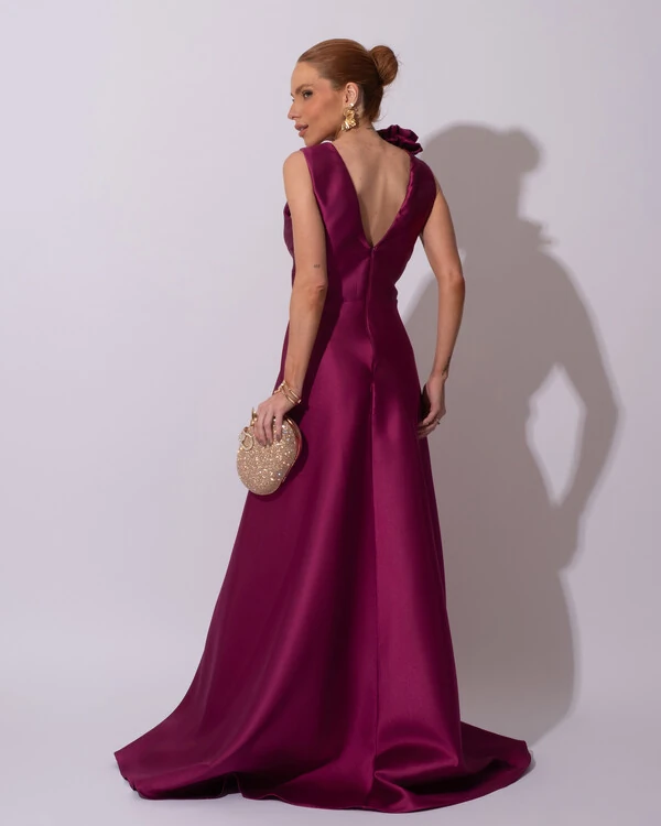 Vestido de Festa longo Zibeline Decote em V com Flores Removivel Fúcsia Beterraba