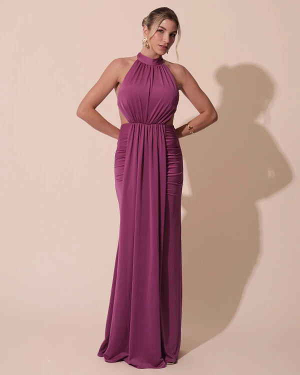 Vestido de Festa Longo Malha Jersey Gola Alta Saia Sereia Fúcsia