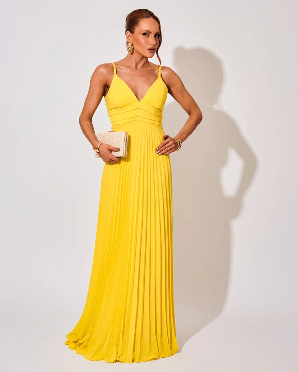 Vestido de Festa Longo Plissado Crepe Chiffon com Alça Amarelo